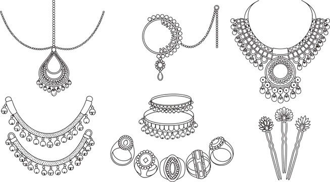 Collection of traditional Indian bridal jewelry featuring intricate line art designs for cultural fashion and wedding concepts isolated on white background