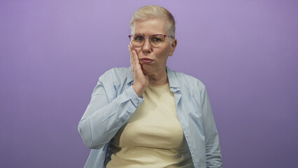 Obraz premium Middle aged woman wearing glasses and casual shirt touching forehead and cheek with hand in purple studio; concern headache.