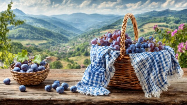 Basket of grapes on wooden table with scenic mountain backdrop