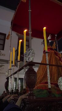 Holy Week in Popay&aacute;n, Colombia &ndash; &ldquo;Cargueros&rdquo; Carrying Traditional Religious Floats (Pasos) Through Historic Streets Surrounded by Tourists and Candle Bearers