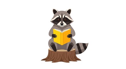 Fototapeta premium A cartoon raccoon sitting on a tree stump reading a book