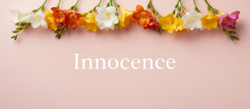 Innocence text on pink background with spring freesia flowers, colorful floral border with yellow and orange blossoms, elegant feminine card design