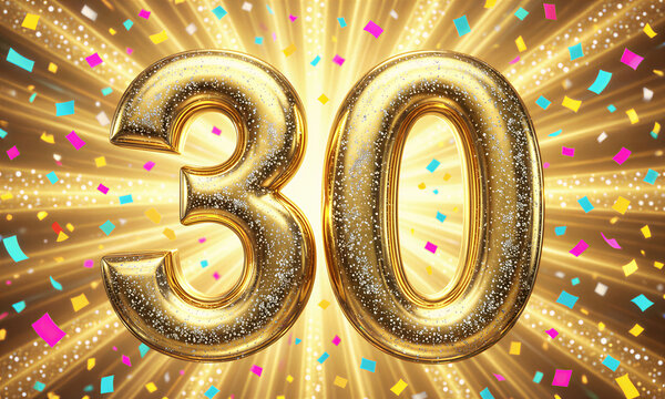 Glittery gold balloons form the number 30 against a vibrant background of gold rays, confetti, and glitter, celebrating a thirtieth birthday.