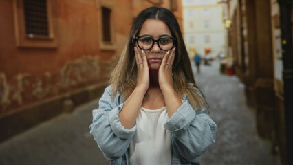 Fototapeta premium Woman with hands on cheeks wearing black glasses and white tank top standing in a narrow cobblestone street; anxiety travel uncertainty.