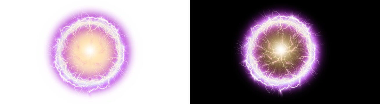 PNG image of&nbsp;Vibrant electrical plasma orb glowing with intense purple lightning bolts and sparks captured in a circular shape on transparent background