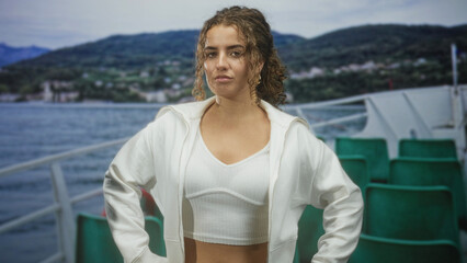 Fototapeta premium Woman with midriff visible, hands on hips facing camera on a ferry deck near water and hills; confidence adventure travel.