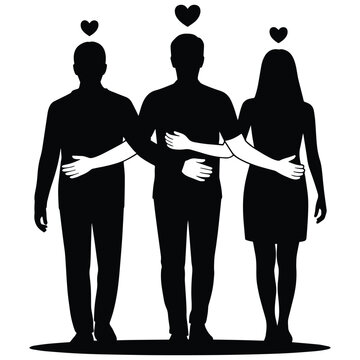 Silhouette of a man with two partners, one male and one female, with hearts and embracing arms, representing polyamorous love and connection.