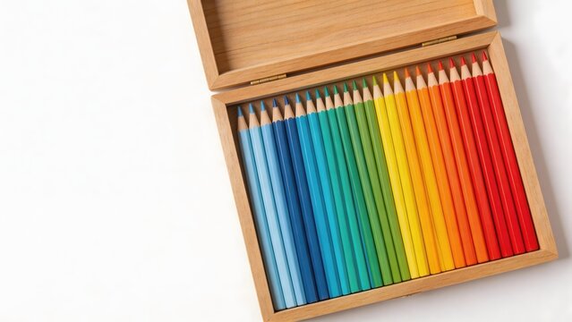 Colorful pencils in wooden box