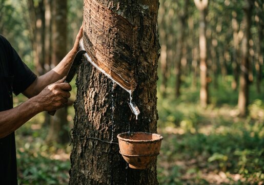 Generated AI - Close-up of a rubber tapper harvesting natural latex from a Hevea tree in a plantation.