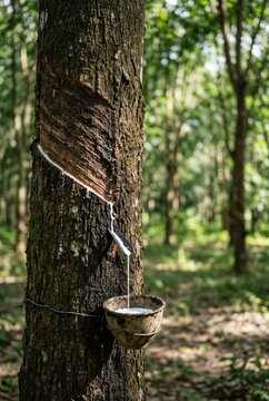 Generated AI - Close-up of a rubber tapper harvesting natural latex from a Hevea tree in a plantation.