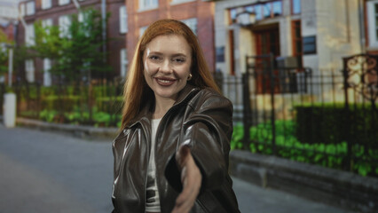 Obraz premium Redhead woman extends hand for handshake, smiling in a leather jacket, hand prominent on street in front of brick building; welcoming connection.