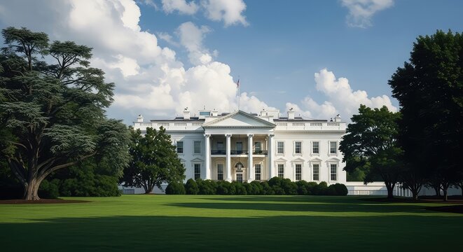 The white house in washington d c under a partially cloudy sky