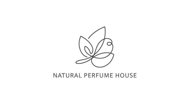 Minimalist logo of a leaf in line art style, representing natural perfume
