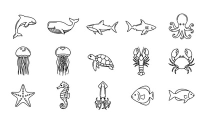 Ocean animal line icon set with marine life symbols in clean outline style for wildlife and education design © BijoyChandra