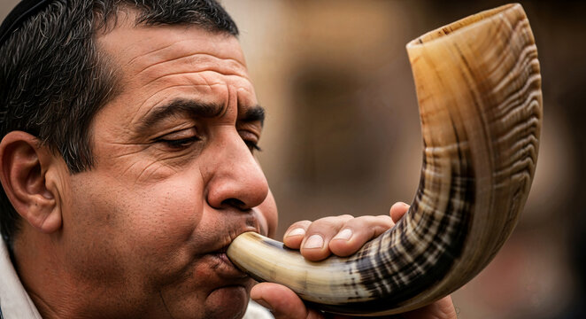 Close up of Jewish man blowing Shofar horn for Rosh Hashanah religious ceremony