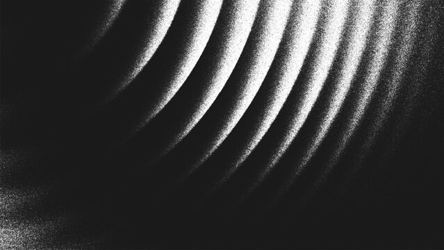 Grainy black and white background with concentric circular waves, glowing highlights and spiral ripples created from thousands of individual dots. Glares create an illusion of depth and optical motion