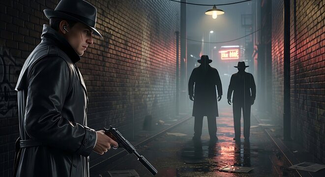 Detective in a Dark Alleyway with Shadowy Figures.