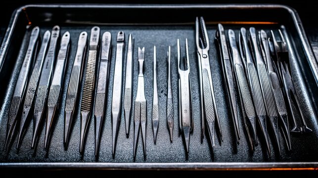 A close up view of a sterile set of small precision engineered surgical instruments on a dark tray