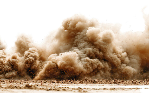 Imponente nuvola di polvere marrone che si solleva da un terreno arido, creando un effetto drammatico di tempesta nel deserto.