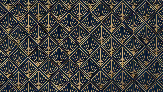 Art Deco seamless pattern with gold diamond and fan motifs on dark navy blue background