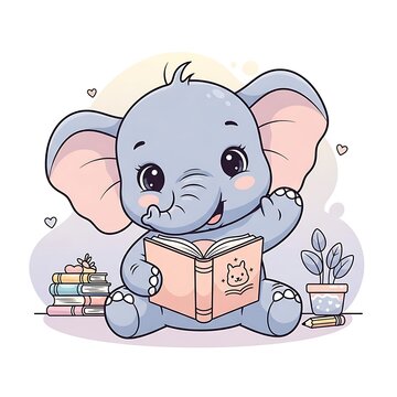 Cute cartoon elephant reading book.