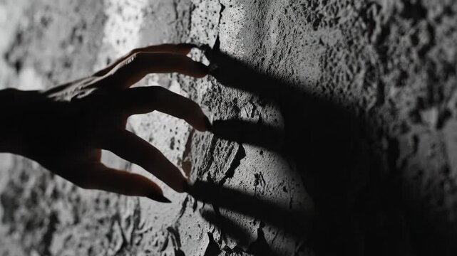 Shadowed hand with sharp fingernails slowly moves along rough, textured wall, casting dramatic shadow. This visual conveys concepts of fear, mystery, or supernatural elements,