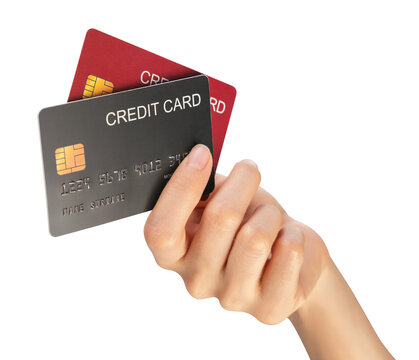 Hand holding mockup credit card isolated on white background, modern design with clipping path.