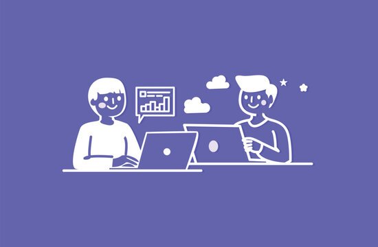 Modern flat illustration of teamwork collaboration with business team working on laptop cloud computing data analytics and digital project management concept minimal blue line art style