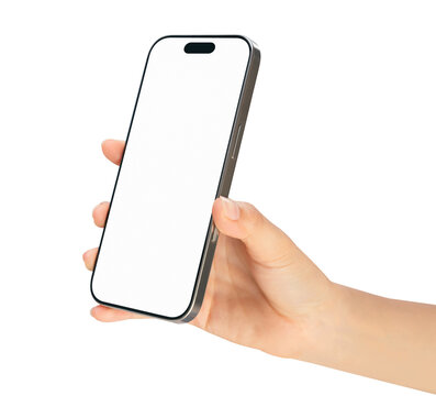 Clipping path, Gesture of hand holding smartphone with a blank screen, for mobile app mockup and digital technology concept.