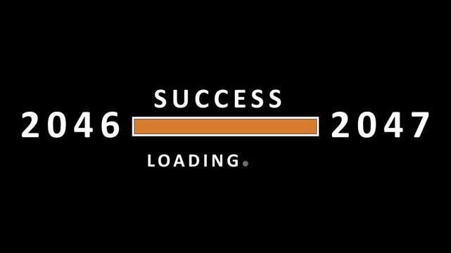 The year 2046 is advancing to 2047 with a loading bar signifying success in progress against a dark backdrop, representing the continuous pursuit of future aspirations