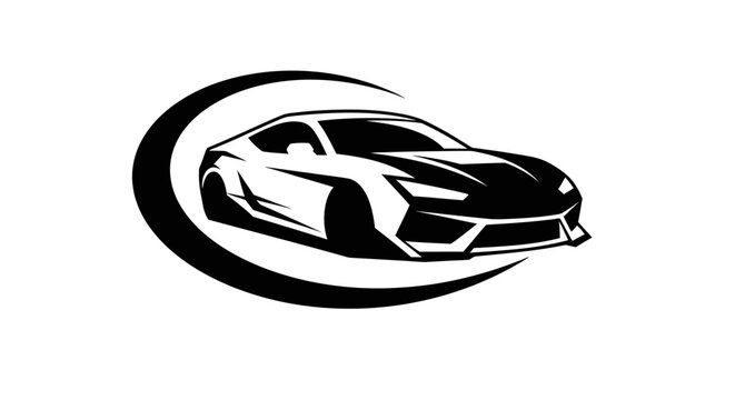 Dynamic black and white logo featuring a sleek modern sports car with a stylized speed curve, ideal for automotive branding on an isolated white background.