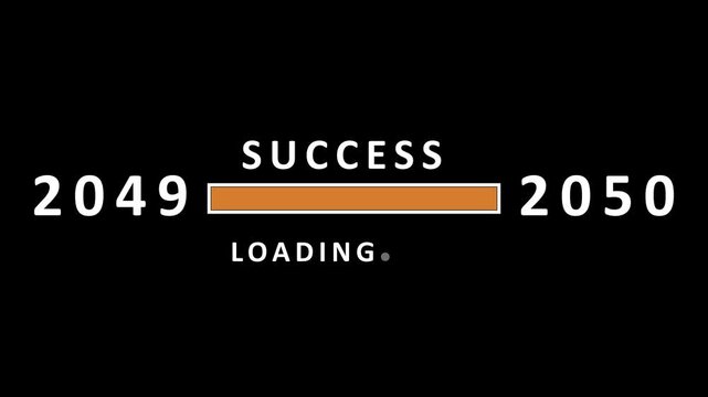 A minimalist the word SUCES above a horizontal orange loading bar positioned between the years 2049 and 2050, with the word LOADING below the bar on a stark black background, symbolizing