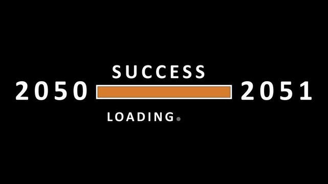 A clean the word SUCES above an orange loading bar situated between the years 2050 and 2051, with the word LOADING beneath it, all set against a solid black background, representing the