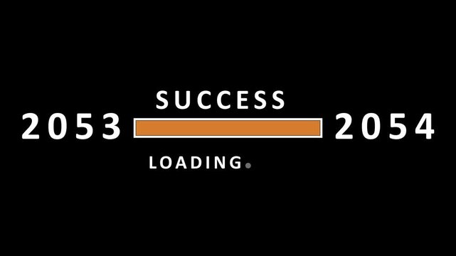 A simple on a black canvas the word SUCES above an orange loading bar positioned between the years 2053 and 2054, with the word LOADING beneath it, representing the ongoing journey