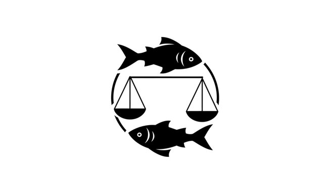 Unique abstract logo featuring two fish and a balance scale within a circular design, symbolizing equilibrium and fairness in an aquatic context, on an isolated white background.