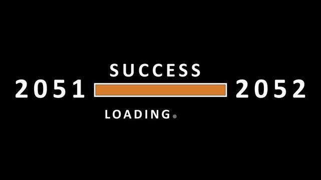 A stark black background hosts a minimalist featuring the word SUCES above an orange loading bar positioned between the years 2051 and 2052, with the word LOADING below, symbolizing the