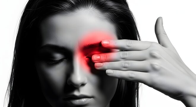 Migraine headache and ocular migraine symptoms. Stress management and mental health. Woman closing eyes and touching face in pain with red highlight on forehead
