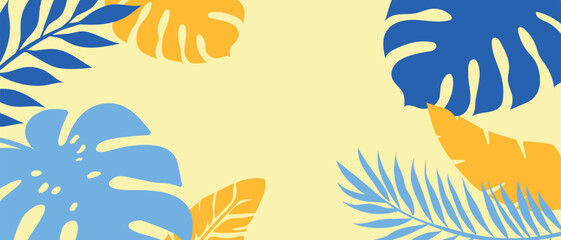 Minimalist tropical leaves background in blue and yellow with monstera and palm © Tamila