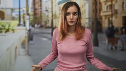Fototapeta premium Young redhead woman with hands raised in a shrug gesture, pursed lips and visible hands on street wearing a pink sweater, lamp posts and buildings behind; confusion.