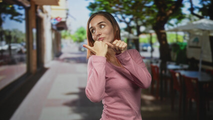 Fototapeta premium Woman pointing thumb over shoulder with bare thumb and clasped hand visible in a sunlit street cafe; playful confidence.