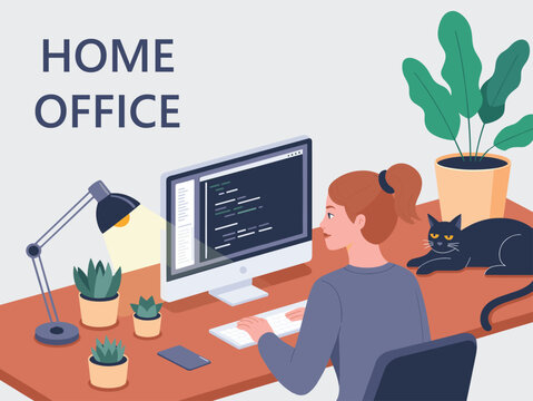 Home Office Workspace Woman Coding at Desk Illustration.