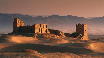 Obraz premium Ancient ruins of a desert fortress desert landscape photography sunset glow wide-angle view historical significance
