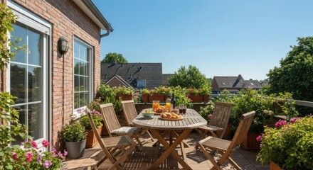 Fototapeta premium Outdoor breakfast scene on a balcony with table, chairs, flowers, and brick wall