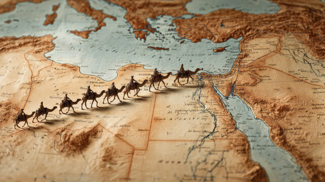 Camel caravan journey across the ancient trade routes of the middle east informative map historical landscape adventure concept