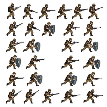 2D Game Character Sprite Sheet of Soldier Running with Rifle and Shield.