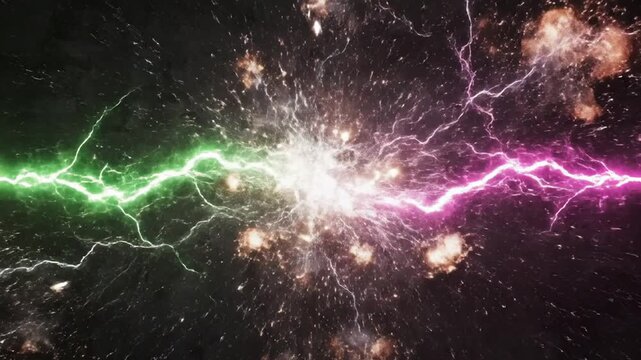 Abstract illustration of electric energy with green and pink lightning bolts