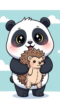 Cute panda bear holding little hedgehog.