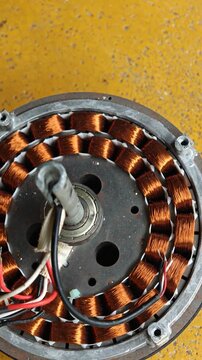 Ceiling Fan Stator. Uses copper wire coils wrapped around a laminated steel core to create an electromagnetic field for rotation.