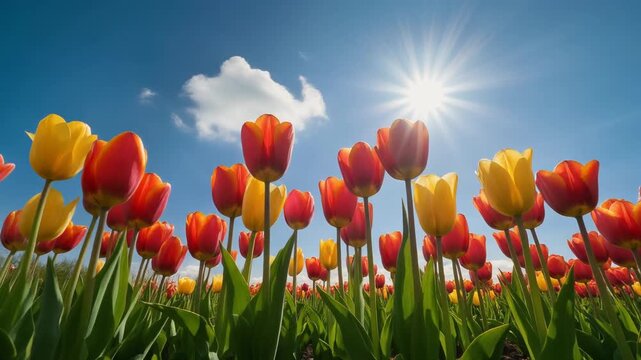 Yellow and Red Tulip flowers on blue sky background, part 1
