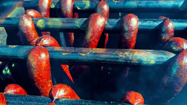 Traditional process of smoking pork sausages in a smokehouse. Close-up of homemade meat products hanging on racks, enveloped in smoke